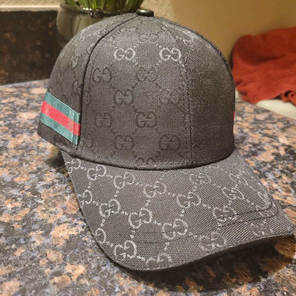 Gucci Black GG Monogram Baseball Cap with Red/Green Web Stripe